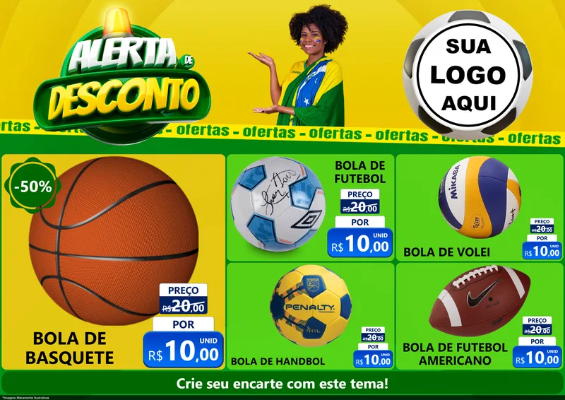 Modelo de Encarte para Encarte A4 Horizontal com o tema Alerta de Desconto para Artigos Esportivos