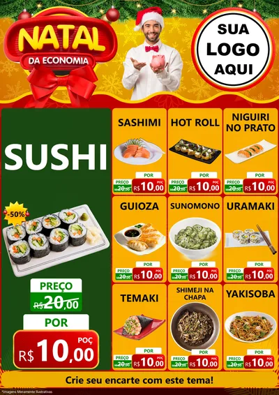 Modelo de Encarte para Encarte A4 Vertical com o tema Natal da Economia para Comida japonesa