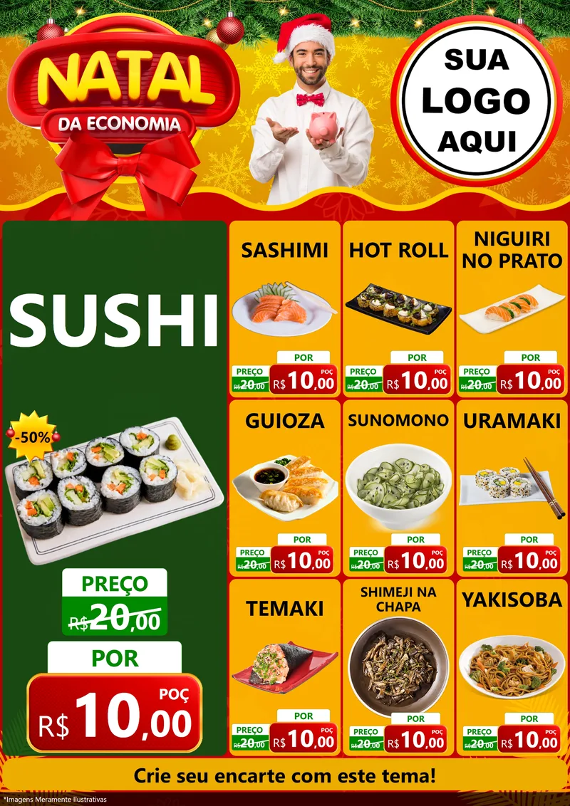 Modelo de Encarte para Encarte A4 Vertical com o tema Natal da Economia para Comida japonesa