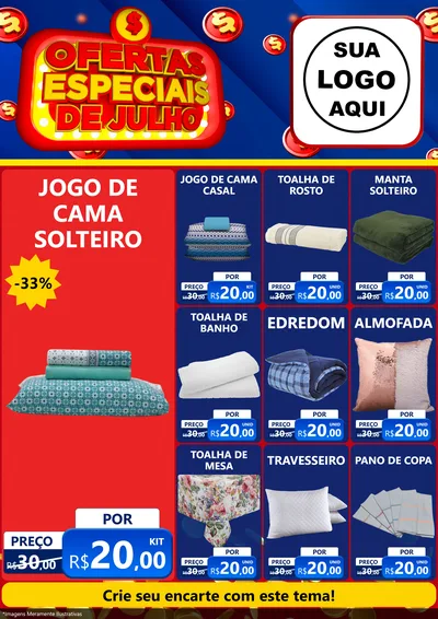 Modelo de Encarte para Encarte A4 Vertical com o tema Ofertas Especiais de Julho para Cama, Mesa e Banho