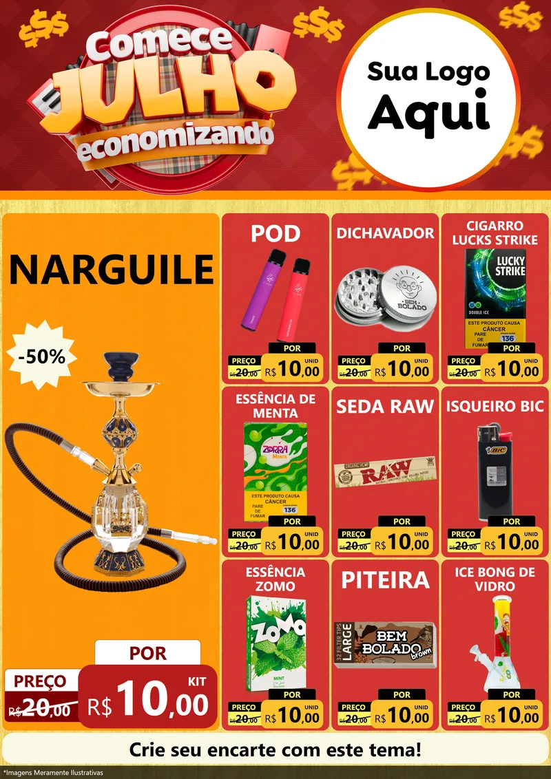 Modelo de Encarte para Encarte A4 Vertical com o tema Comece Julho Economizando para Tabacaria