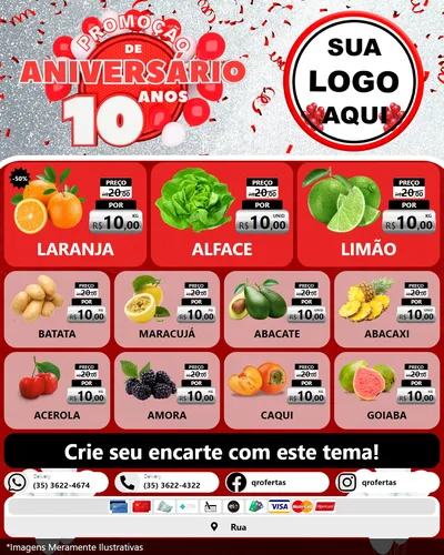 Modelo de Rede Social para Feed Instagram com o tema Promoção de Aniversário - 10 Anos para Hortifrúti