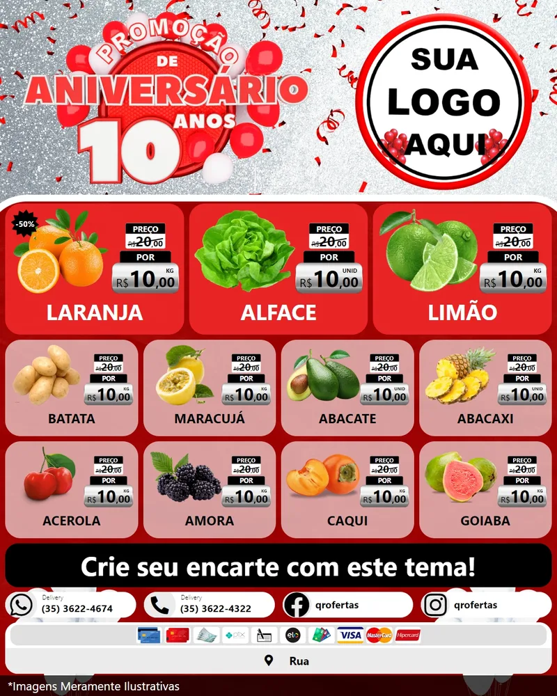 Modelo de Rede Social para Feed Instagram com o tema Promoção de Aniversário - 10 Anos para Hortifrúti