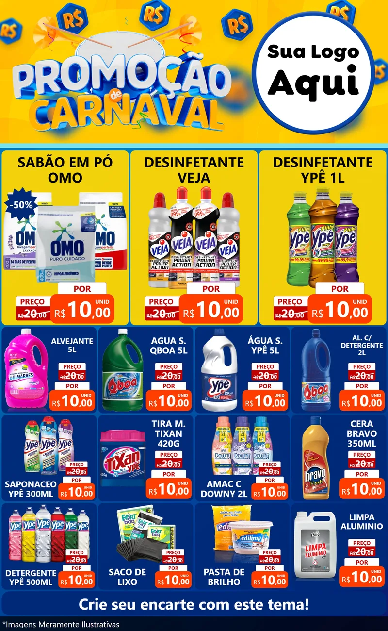 Modelo de Encarte para Encarte Grande com o tema Promoção de Carnaval para Produtos de Limpeza