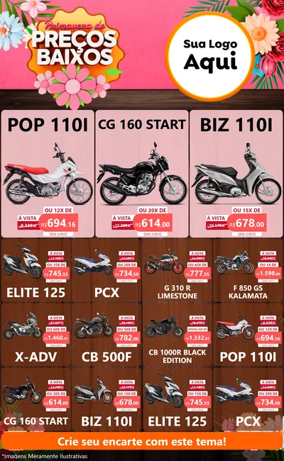 Modelo de Encarte para Encarte Grande com o tema Primavera de Preços Baixos para Concessionaria de Motos
