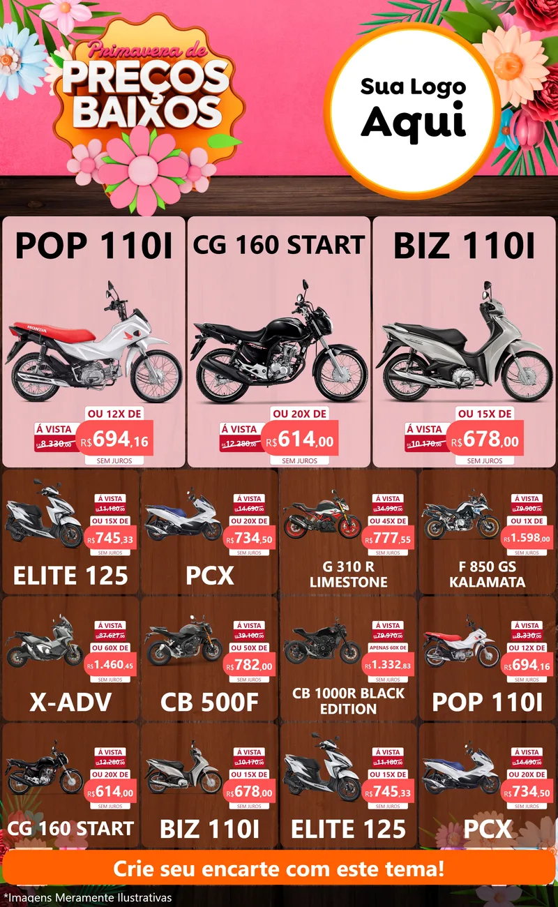 Modelo de Encarte para Encarte Grande com o tema Primavera de Preços Baixos para Concessionaria de Motos