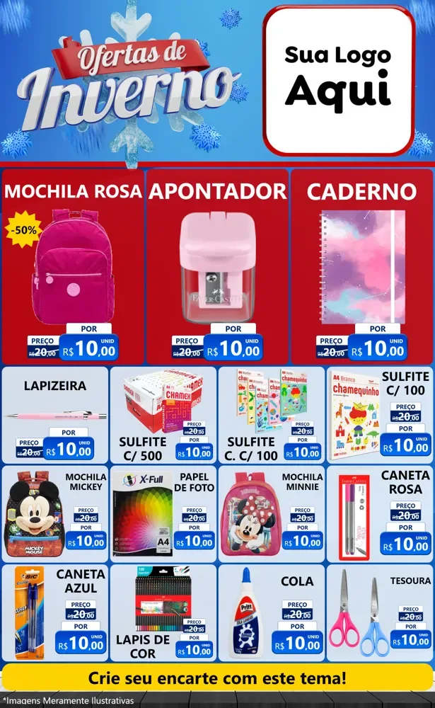 Modelo de Encarte para Encarte Grande com o tema Ofertas de Inverno para Papelaria