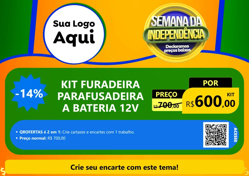 Modelo de Cartaz para Cartaz A4 Horizontal com o tema Semana da Independência Declaramos Preços Baixos para Maquinas e Ferramentas