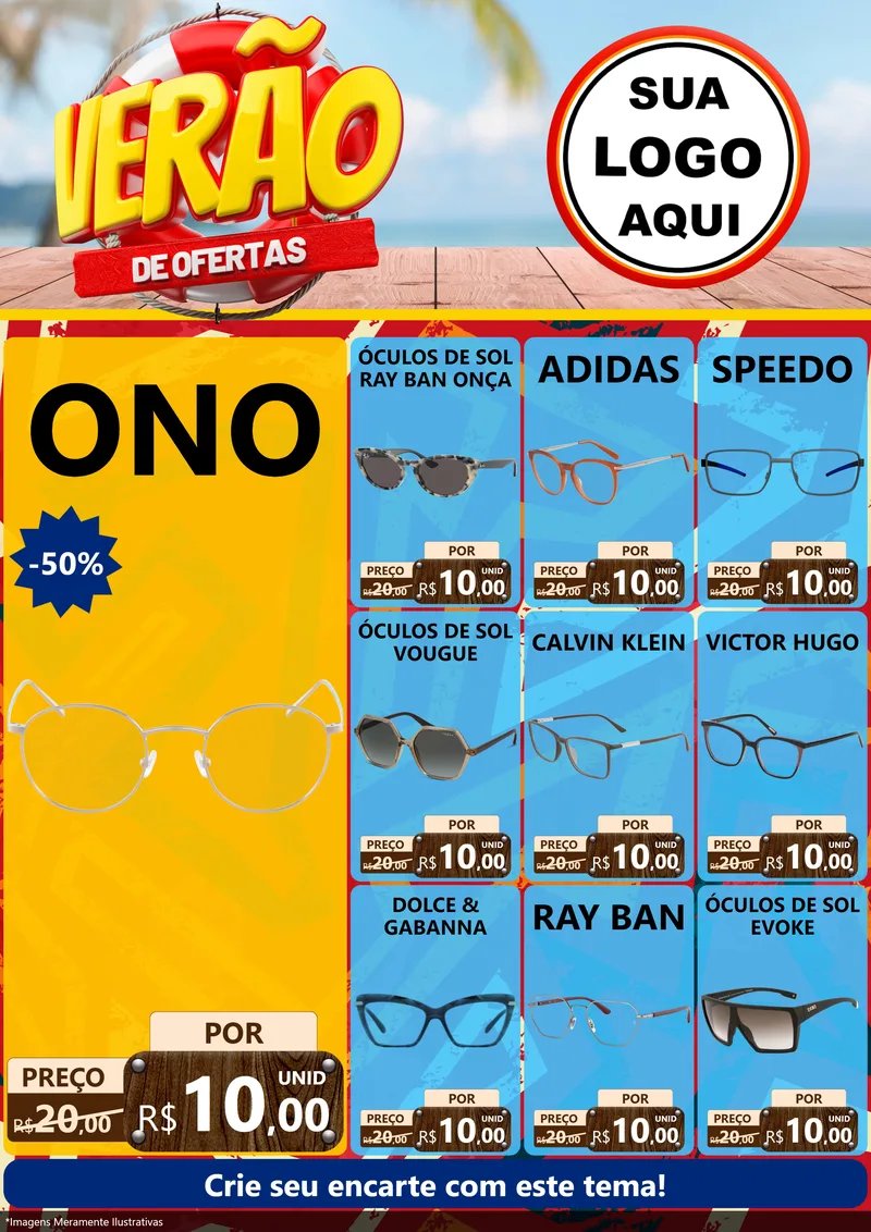 Modelo de Encarte para Encarte A4 Vertical com o tema Verão de Ofertas para Óticas
