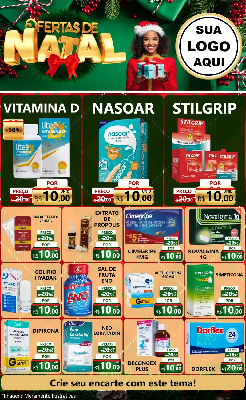 Modelo de Encarte para Encarte Grande com o tema Ofertas de Natal para Farmácia