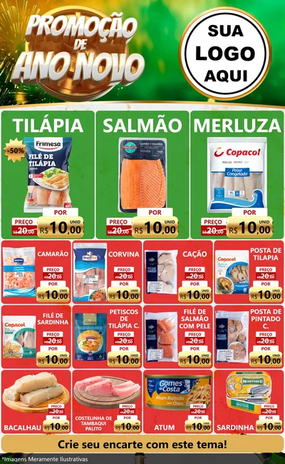 Modelo de Encarte para Encarte Grande com o tema Promoção de Ano Novo para Peixaria
