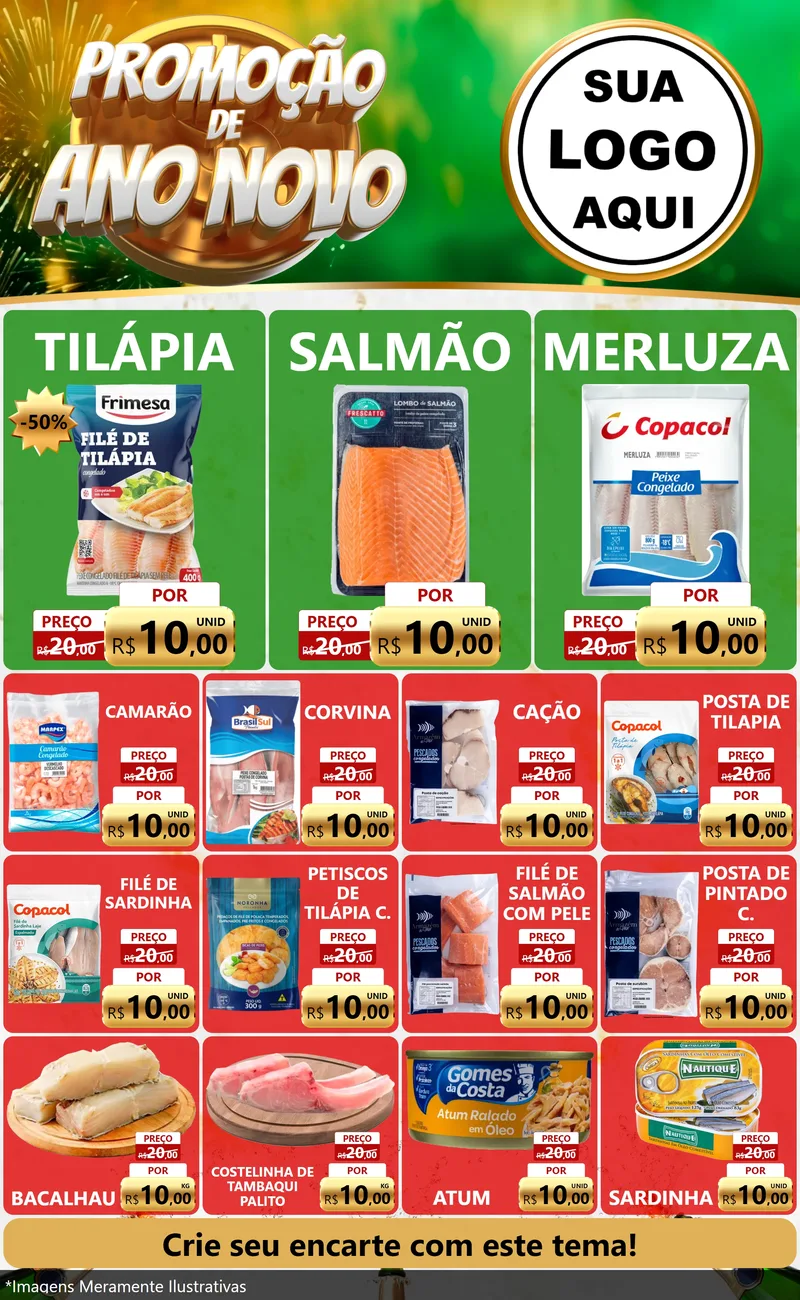 Modelo de Encarte para Encarte Grande com o tema Promoção de Ano Novo para Peixaria