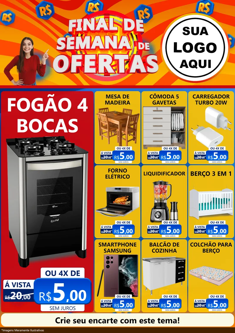 Modelo de Encarte para Encarte A4 Vertical com o tema Final de Semana de Ofertas para Móveis e Eletro