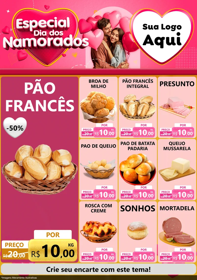 Modelo de Encarte para Encarte A4 Vertical com o tema Especial Dia dos Namorados para Padaria