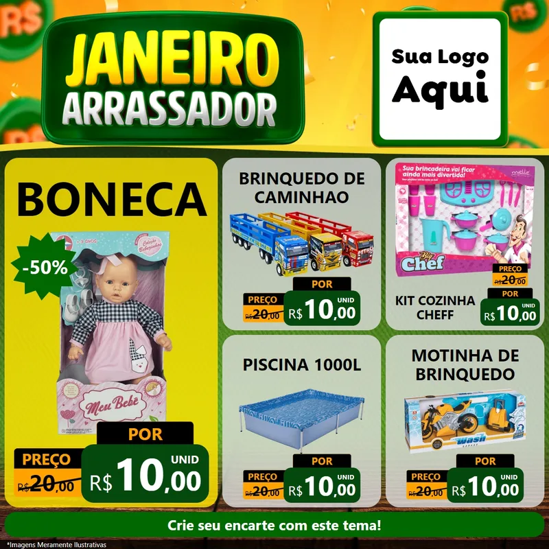 Modelo de Rede Social para Feed Facebook com o tema Janeiro Arrasador para Brinquedos