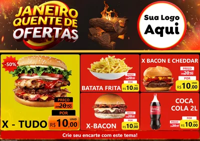 Modelo de Encarte para Encarte A4 Horizontal com o tema Janeiro Quente de Ofertas para Hamburgueria