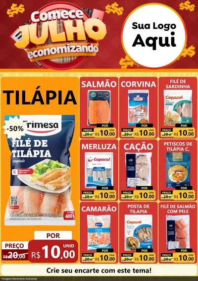 Modelo de Encarte para Encarte A4 Vertical com o tema Comece Julho Economizando para Peixaria