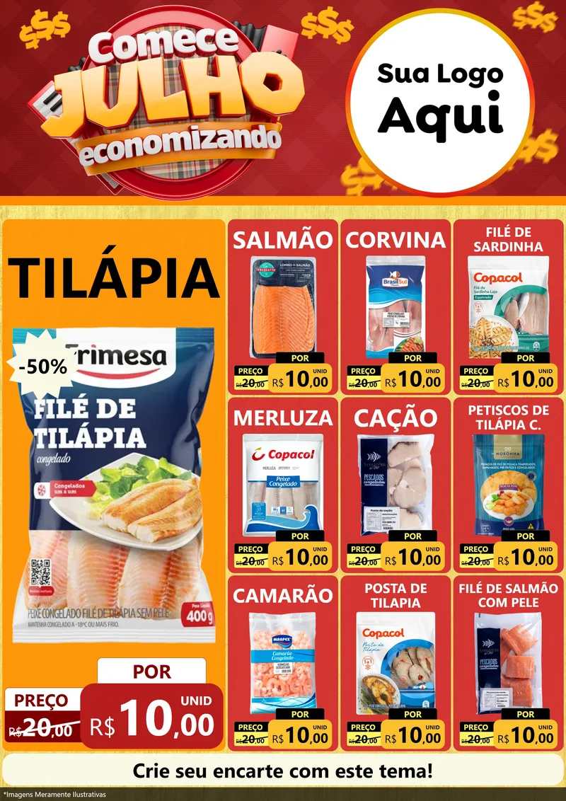 Modelo de Encarte para Encarte A4 Vertical com o tema Comece Julho Economizando para Peixaria