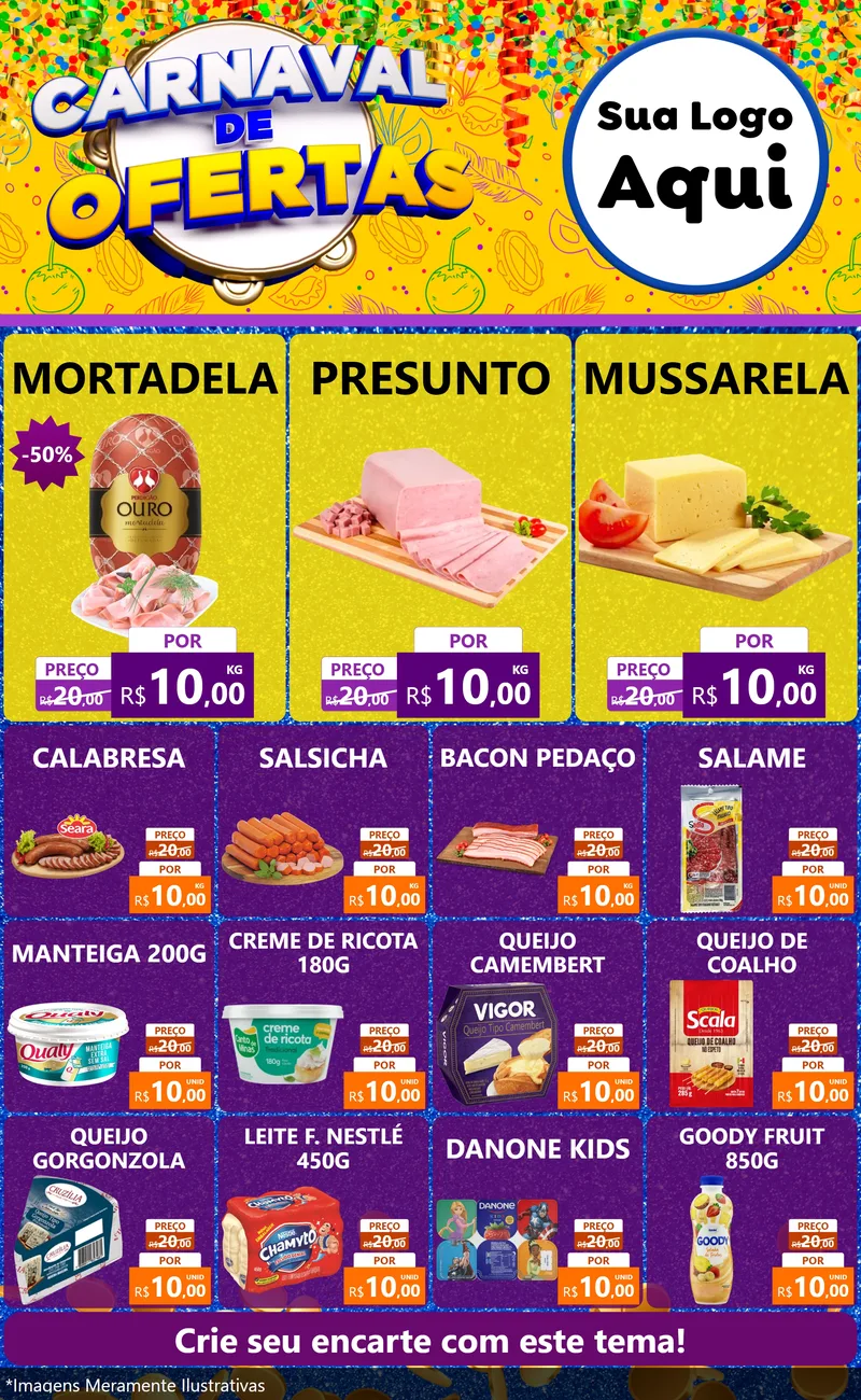 Modelo de Encarte para Encarte Grande com o tema Carnaval de Ofertas para Frios e Laticínios