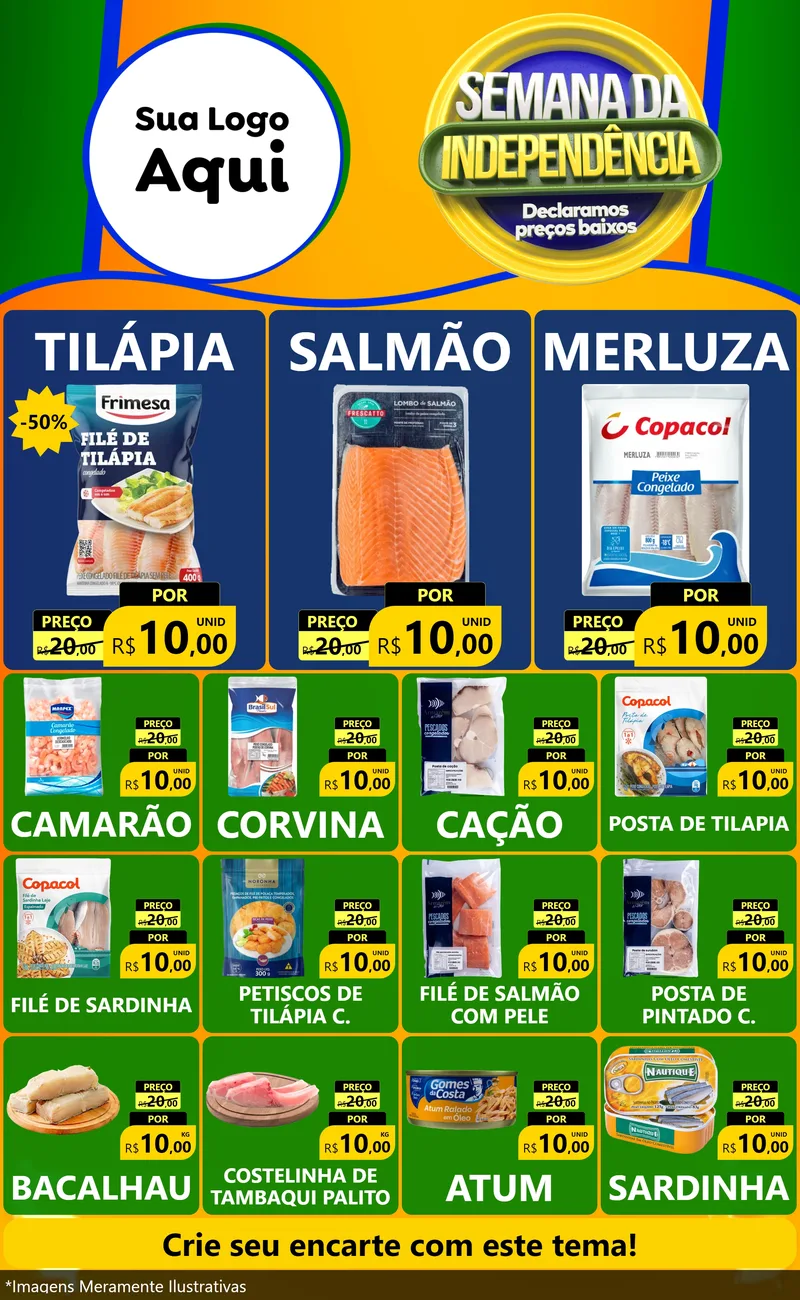 Modelo de Encarte para Encarte Grande com o tema Semana da Independência Declaramos Preços Baixos para Peixaria