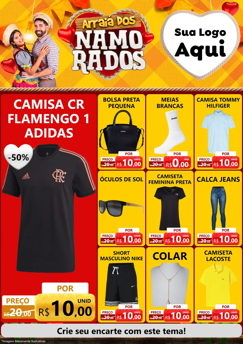 Modelo de Encarte para Encarte A4 Vertical com o tema Arraiá dos Namorados para Roupas e acessórios