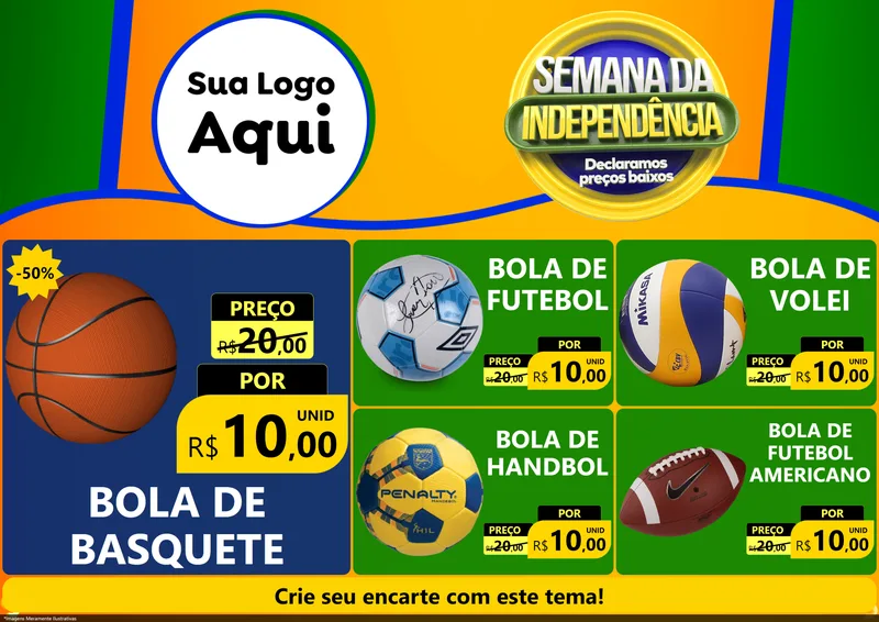 Modelo de Encarte para Encarte A4 Horizontal com o tema Semana da Independência Declaramos Preços Baixos para Artigos Esportivos