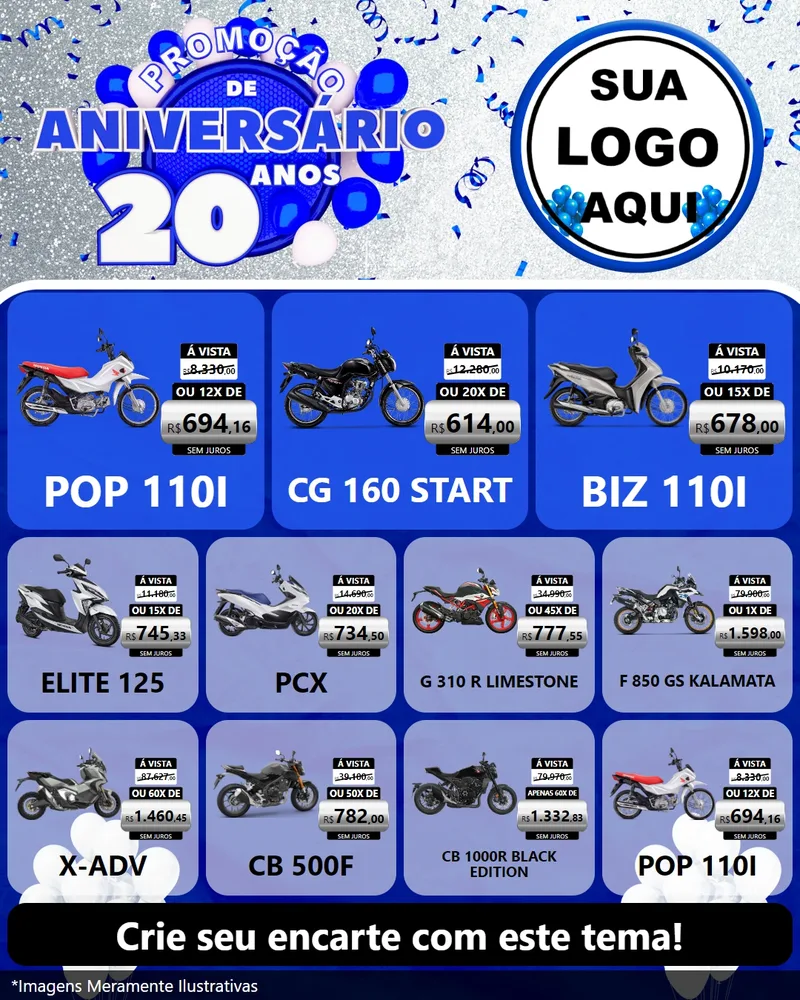 Modelo de Rede Social para Feed Instagram com o tema Promoção de Aniversário - 20 Anos para Concessionaria de Motos