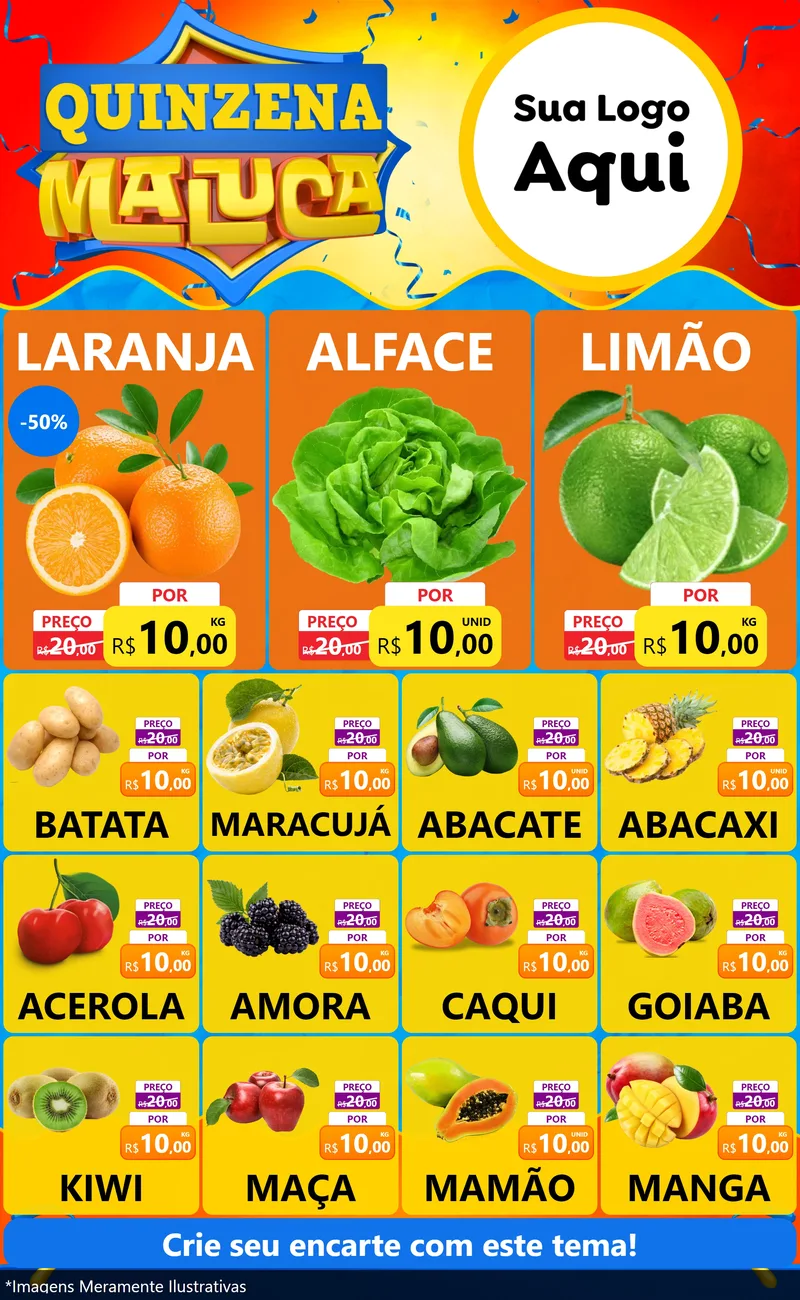 Modelo de Encarte para Encarte Grande com o tema Quinzena Maluca para Hortifrúti