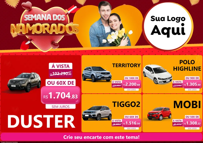 Modelo de Encarte para Encarte A4 Horizontal com o tema Semana dos Namorados para Concessionaria de Carros