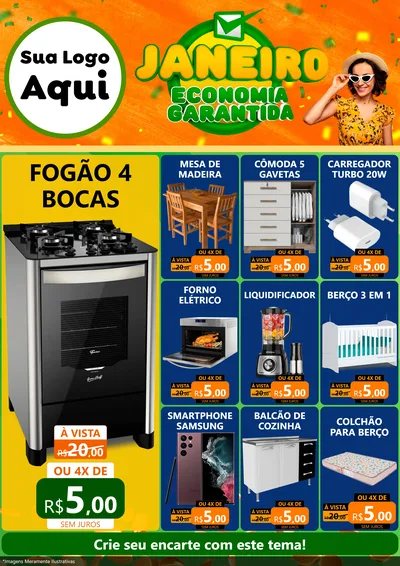 Modelo de Encarte para Encarte A4 Vertical com o tema Janeiro - Economia Garantida para Móveis e Eletro