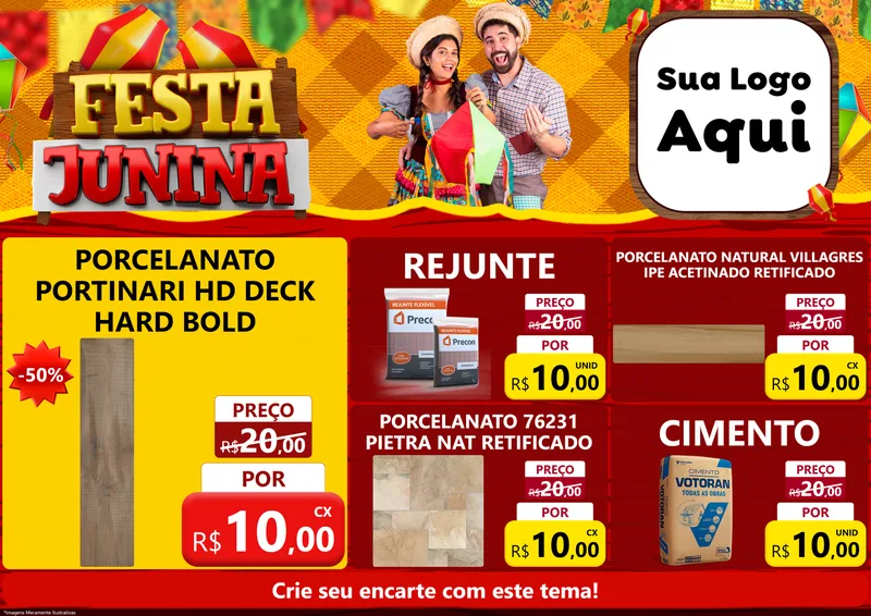 Modelo de Encarte para Encarte A4 Horizontal com o tema Festa Junina para Pisos e revestimentos