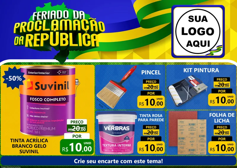 Modelo de Encarte para Encarte A4 Horizontal com o tema Feriado da Proclamação da República para Tintas e Ferramentas