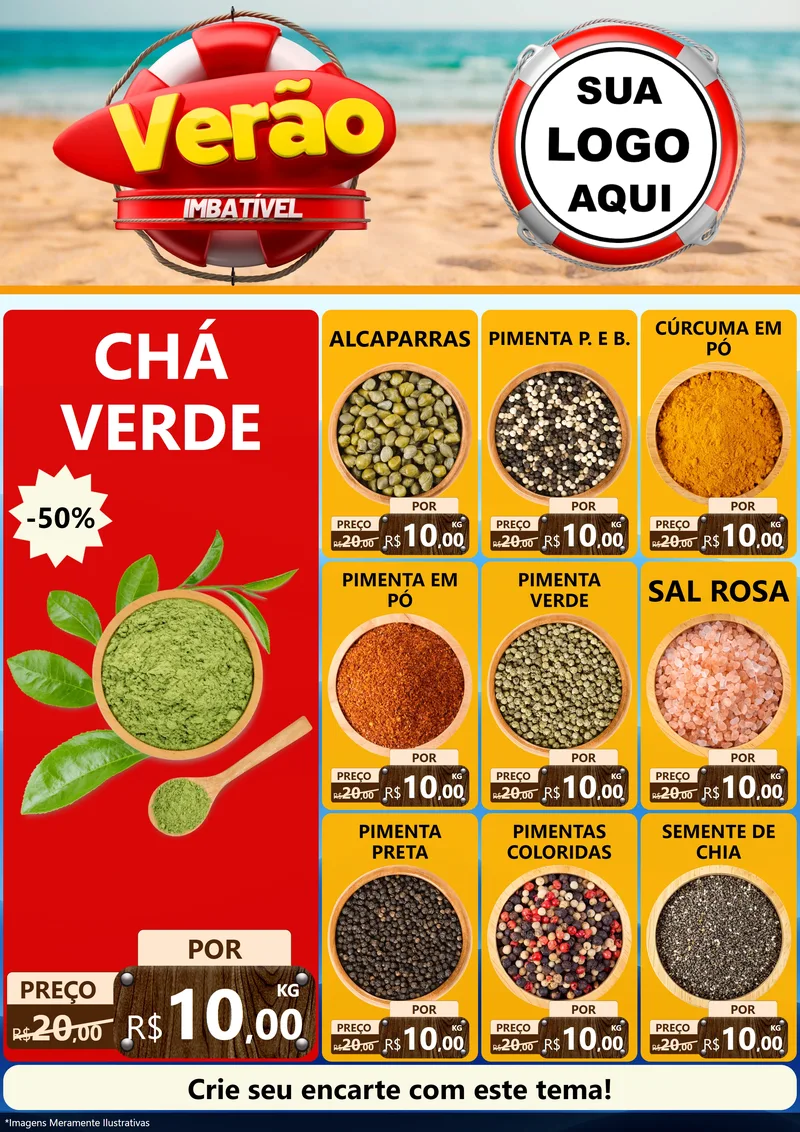 Modelo de Encarte para Encarte A4 Vertical com o tema Verão Imbatível para Produtos Naturais