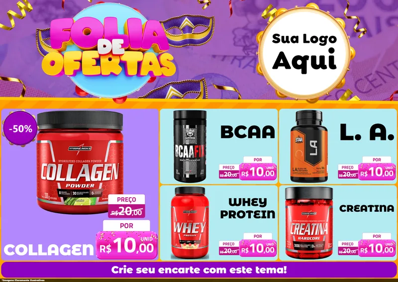 Modelo de Encarte para Encarte A4 Horizontal com o tema Folia de Ofertas para Suplementos alimentares