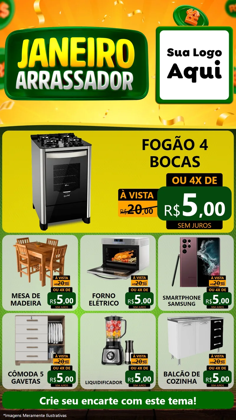Modelo de Rede Social para Stories com o tema Janeiro Arrasador para Móveis e Eletro
