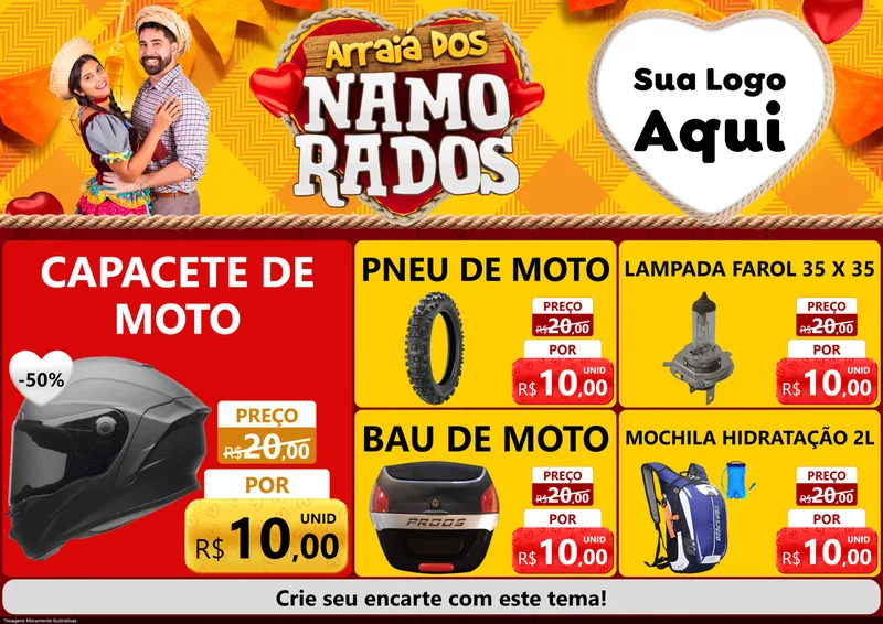 Modelo de Encarte para Encarte A4 Horizontal com o tema Arraiá dos Namorados para Moto peças