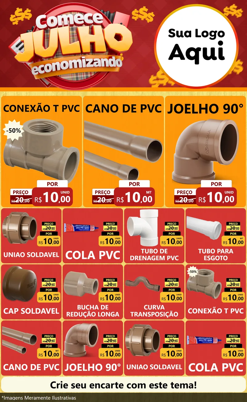 Modelo de Encarte para Encarte Grande com o tema Comece Julho Economizando para Tubos e conexões