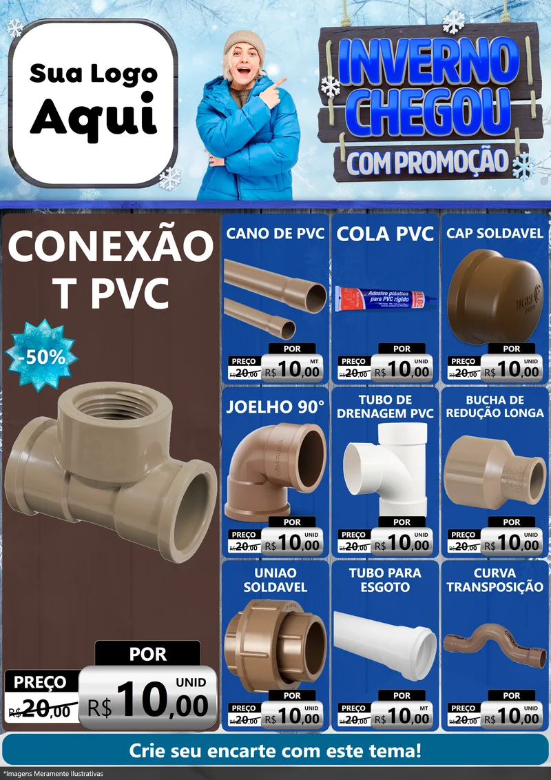 Modelo de Encarte para Encarte A4 Vertical com o tema Inverno Chegou Com Promoção para Tubos e conexões