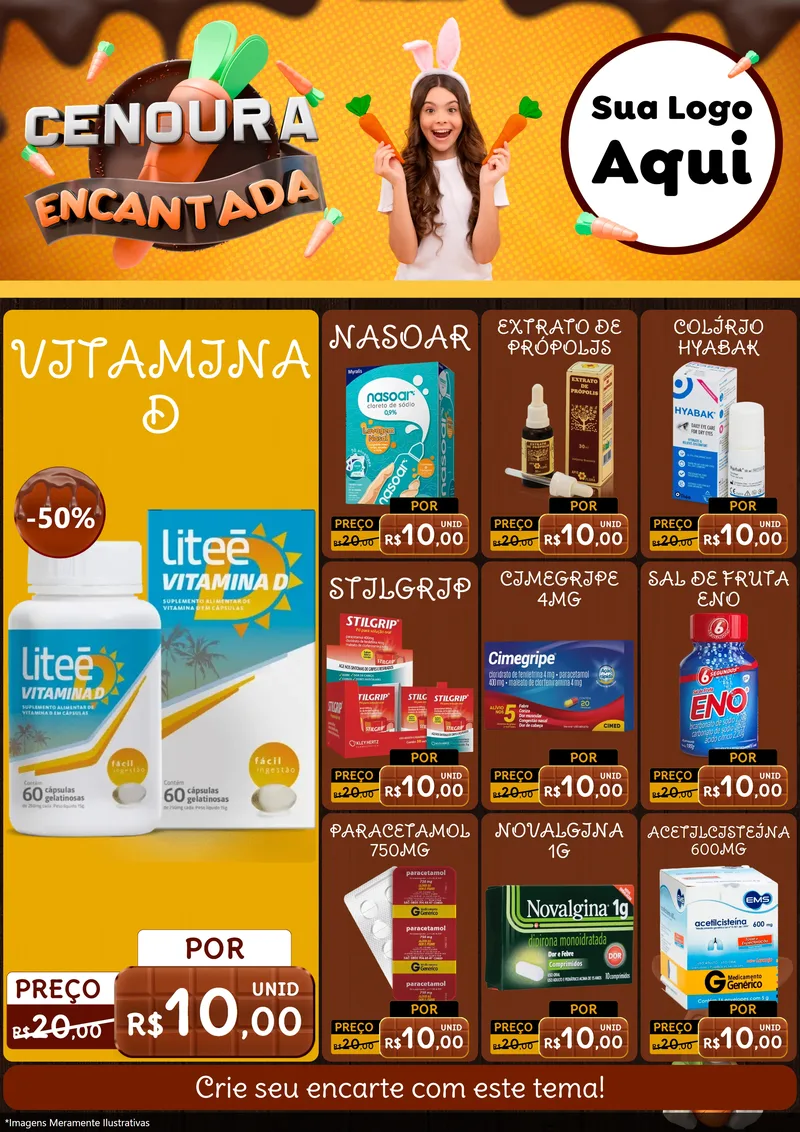 Modelo de Encarte para Encarte A4 Vertical com o tema Cenoura Encantada - Páscoa para Farmácia