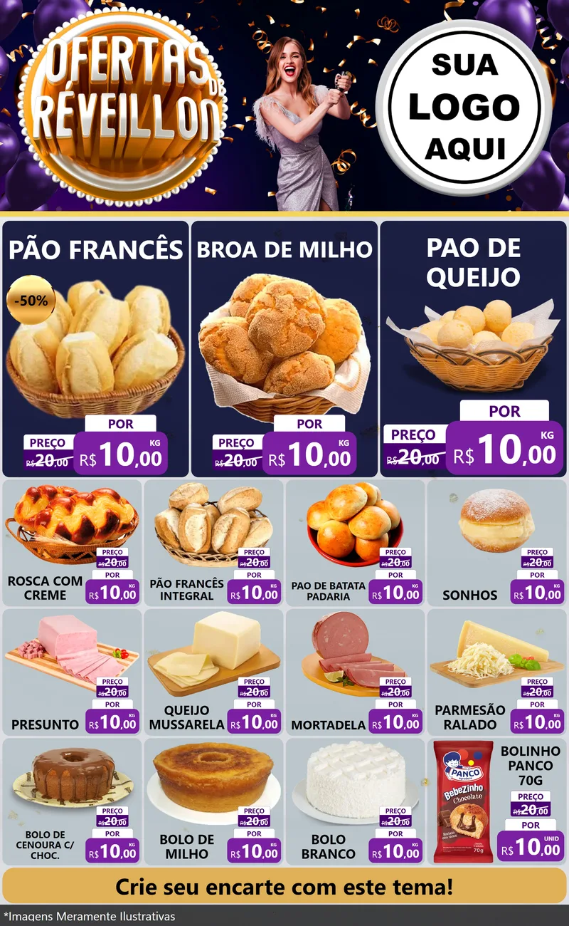 Modelo de Encarte para Encarte Grande com o tema Ofertas de Réveillon para Padaria