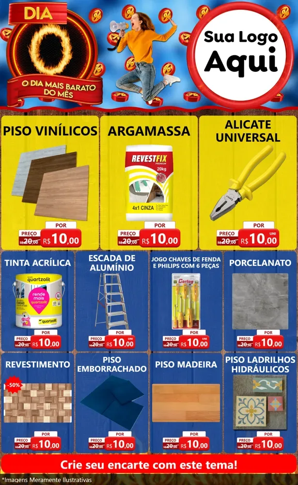 Modelo de Encarte para Encarte Grande com o tema Dia O - O Dia Mais Barato Do Mês para Material para Construção
