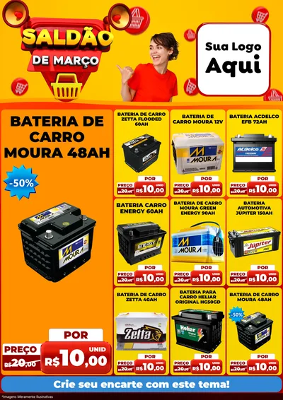 Modelo de Encarte para Encarte A4 Vertical com o tema Saldão de Março para Baterias Elétricas