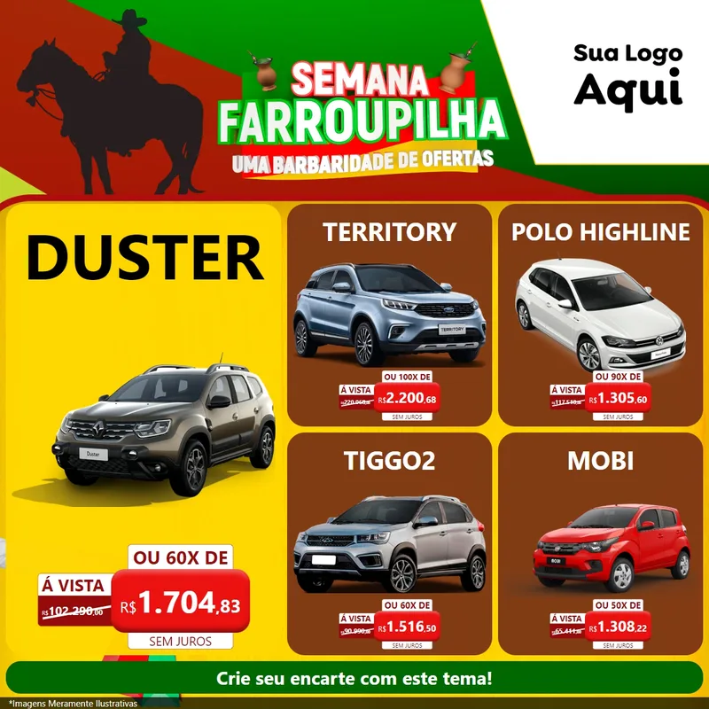 Modelo de Rede Social para Feed Facebook com o tema Semana Farroupilha - Uma Barbaridade de Ofertas para Concessionaria de Carros