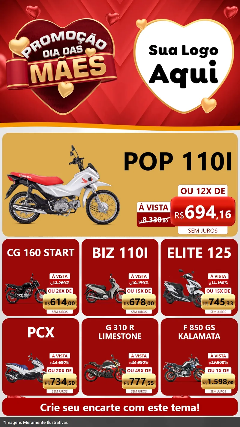 Modelo de Rede Social para Stories com o tema Promoção Dia das Mães para Concessionaria de Motos