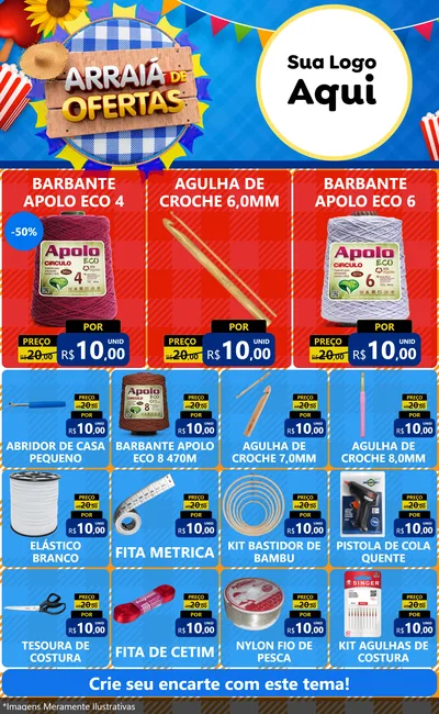 Modelo de Encarte para Encarte Grande com o tema Arraiá de Ofertas para Armarinho e Aviamentos