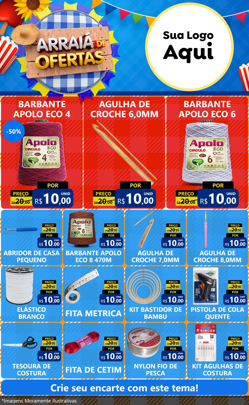Modelo de Encarte para Encarte Grande com o tema Arraiá de Ofertas para Armarinho e Aviamentos