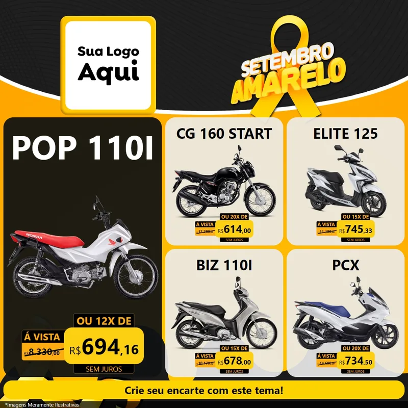Modelo de Rede Social para Feed Facebook com o tema Setembro Amarelo para Concessionaria de Motos