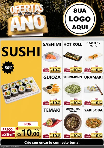 Modelo de Encarte para Encarte A4 Vertical com o tema Ofertas de Fim de Ano para Comida japonesa