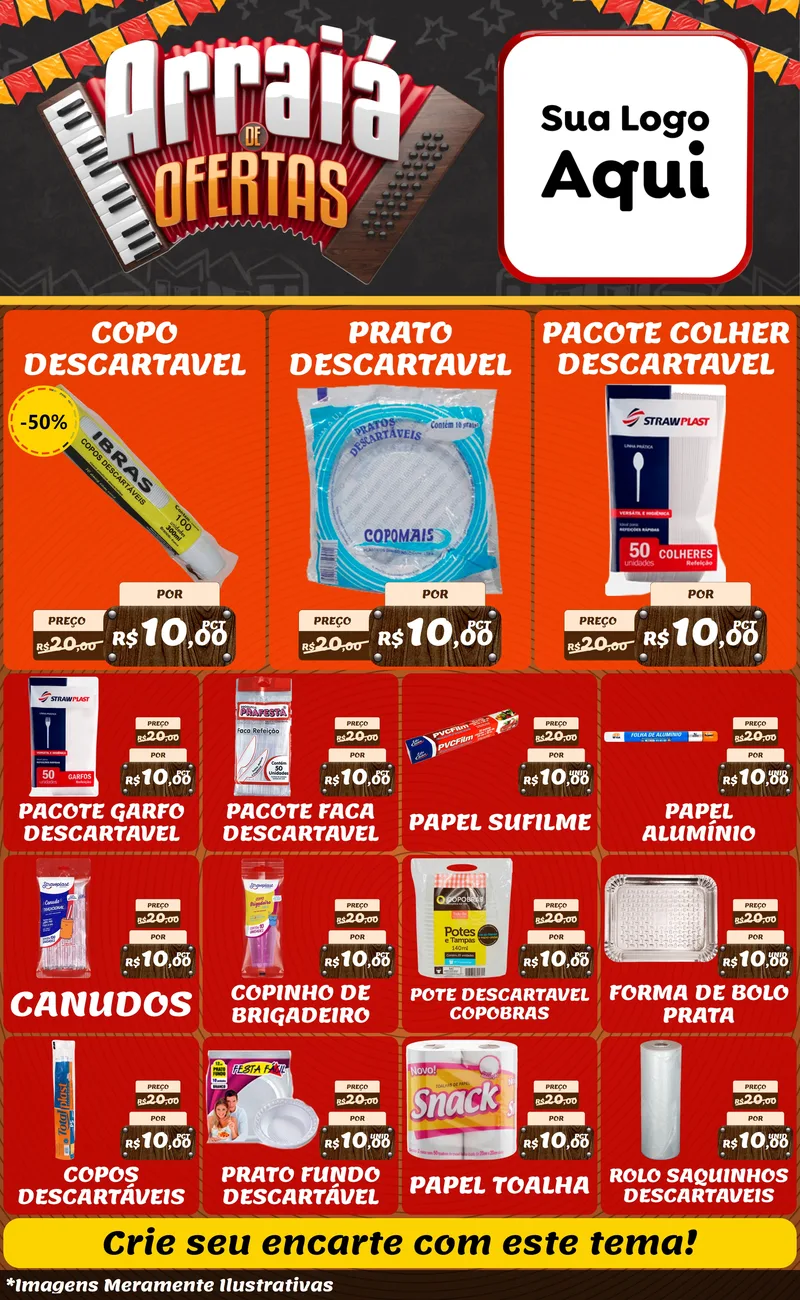 Modelo de Encarte para Encarte Grande com o tema Arraiá de Ofertas - Junina para Embalagens