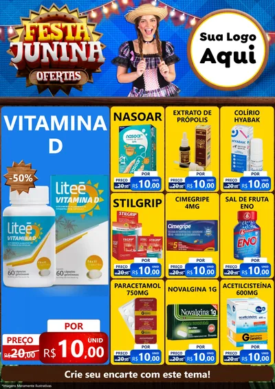 Modelo de Encarte para Encarte A4 Vertical com o tema Festa Junina Ofertas para Farmácia